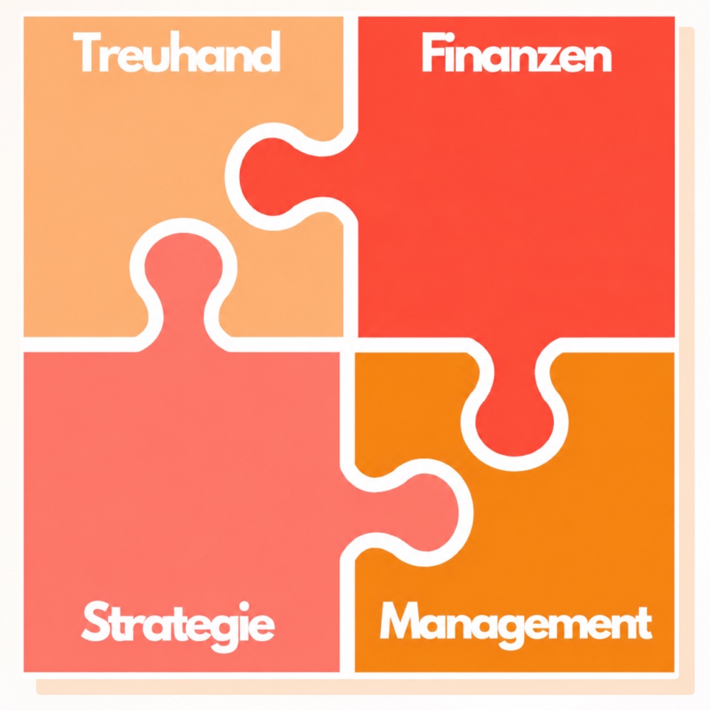 HZ-Puzzlegrafik: Treuhand, Finanzen, Strategie und Management ergänzen sich.